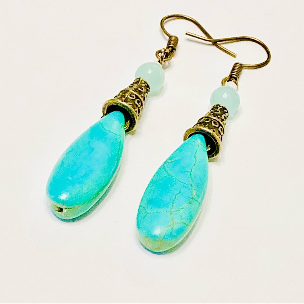 Boho Minty Turquoise Blue Green Marquise Magnesite & Agate Earrings